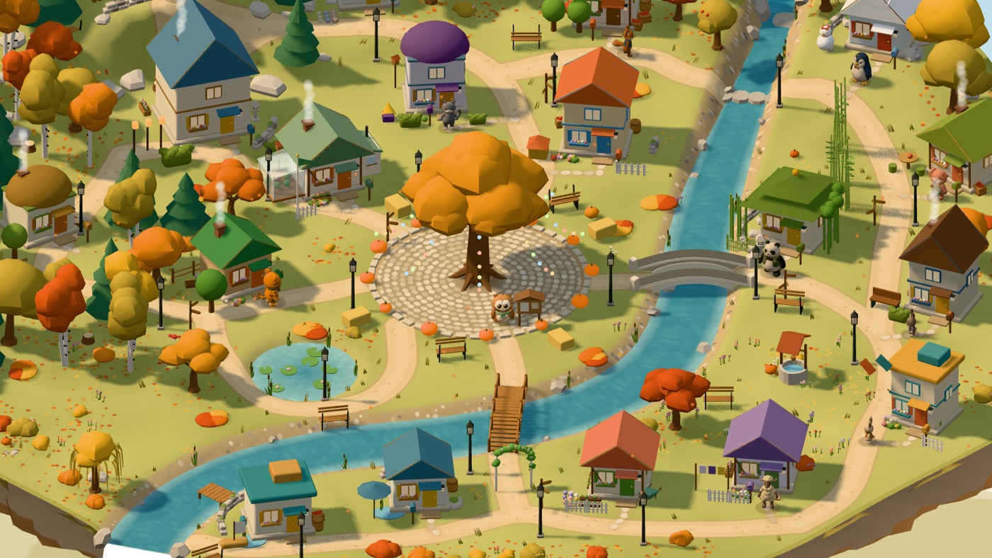 A miniature autumn village of little houses and trees, a river crossed by two bridges