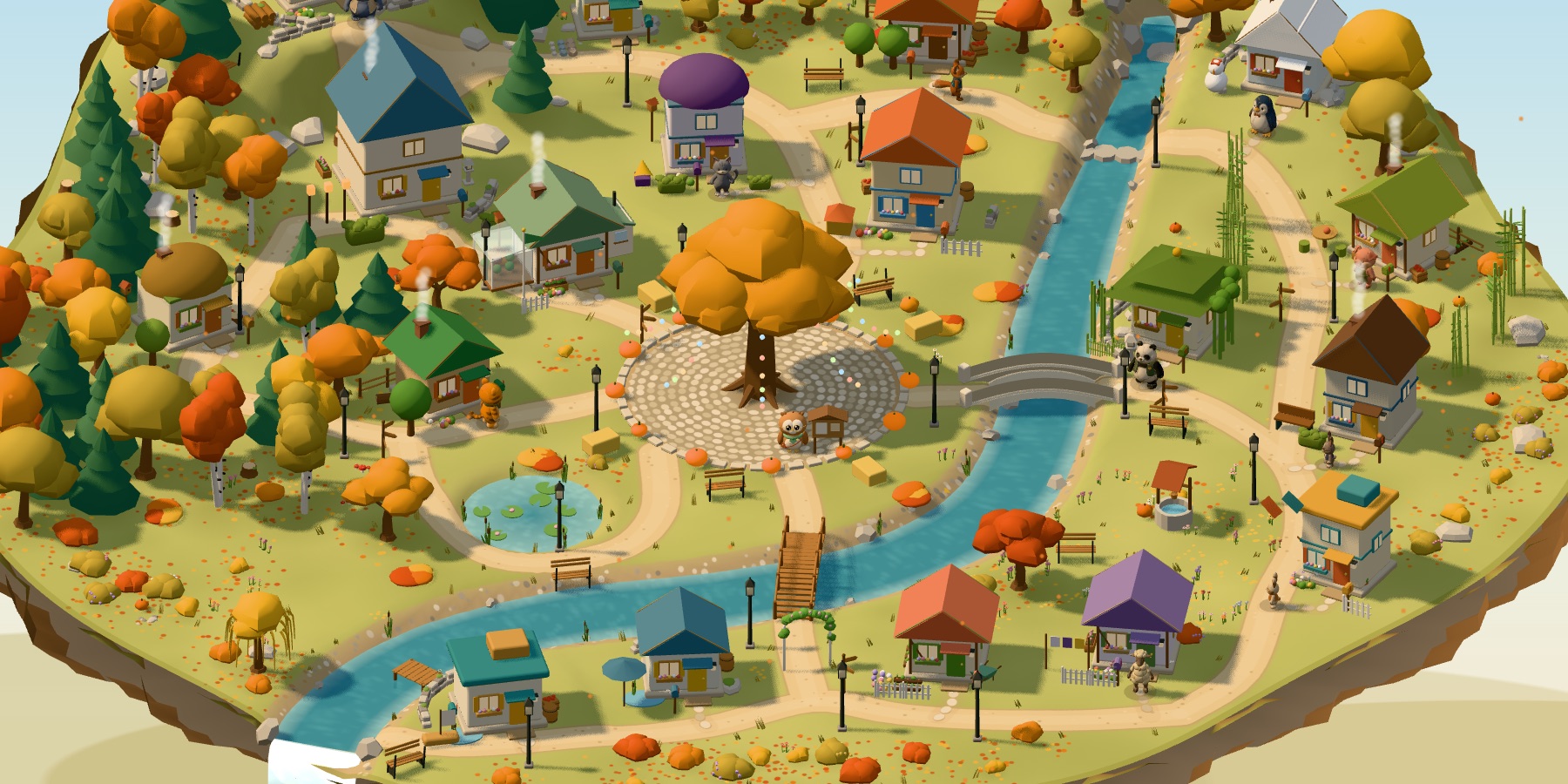 The village of Pebblebrook in autumn: little houses, trees, a river and two bridges
